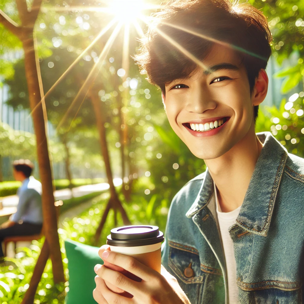 DALL·E-2024-10-17-02.38.55-A-cheerful-young-person-enjoying-life-alone-smiling-brightly-in-a-sunny-park-holding-a-coffee-cup-with-vibrant-greenery-and-sunlight-filtering-thro 30 Joyful Captions Celebrating the Bliss of Being Single 💖 #Selflove